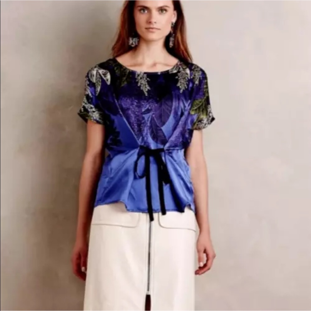 Anthropologie Sz L 100% Silk Callia Cocoon Blouse Blue Tie Waist Floral Print